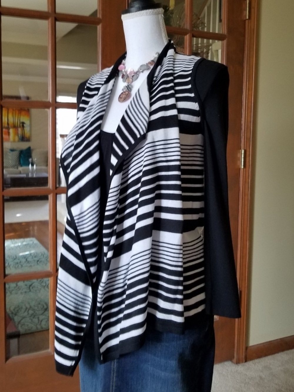 Black & White Striped Sleeveless Flyaway Knit Cardigan Contemporary NEW